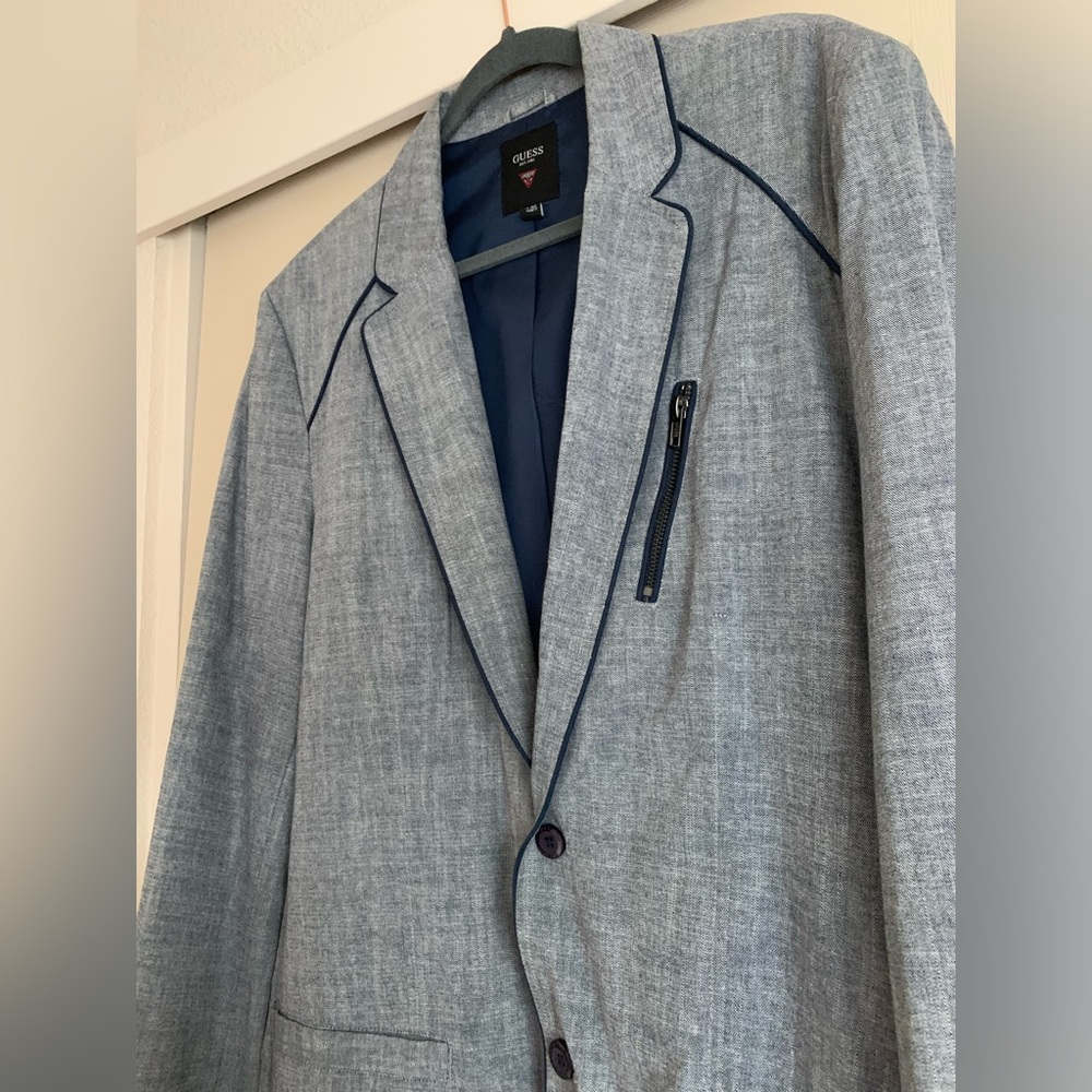 Guess men slim fit two button casual suit jacket in grey/bluish color size XL